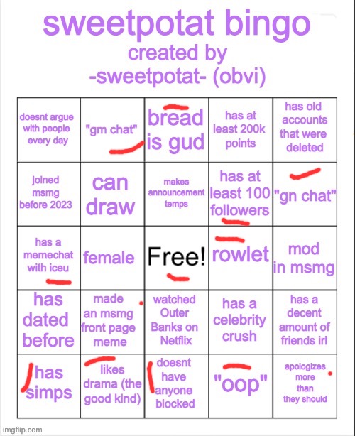 sweetpotat bingo! | image tagged in sweetpotat bingo | made w/ Imgflip meme maker