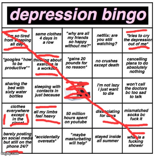 Bingo | image tagged in depression bingo | made w/ Imgflip meme maker