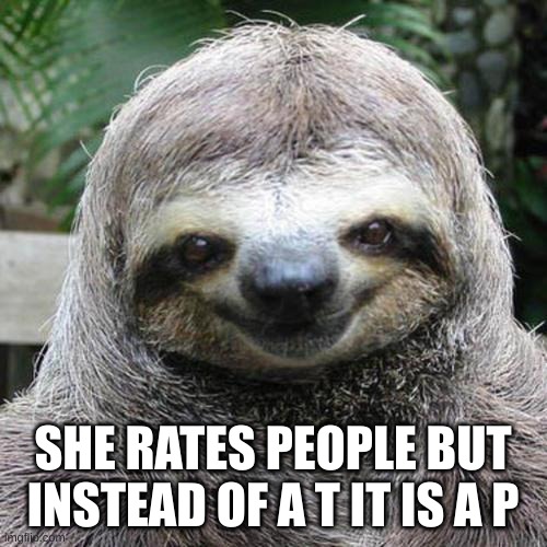 Rape Sloth  | SHE RATES PEOPLE BUT INSTEAD OF A T IT IS A P | image tagged in rape sloth | made w/ Imgflip meme maker