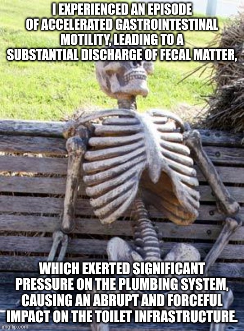 oopsie | I EXPERIENCED AN EPISODE OF ACCELERATED GASTROINTESTINAL MOTILITY, LEADING TO A SUBSTANTIAL DISCHARGE OF FECAL MATTER, WHICH EXERTED SIGNIFICANT PRESSURE ON THE PLUMBING SYSTEM, CAUSING AN ABRUPT AND FORCEFUL IMPACT ON THE TOILET INFRASTRUCTURE. | image tagged in memes,waiting skeleton,funny meme,poop | made w/ Imgflip meme maker