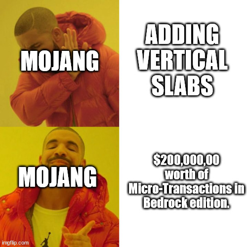 Mojang Be Like | MOJANG; ADDING VERTICAL SLABS; $200,000,00 worth of Micro-Transactions in Bedrock edition. MOJANG | image tagged in drake blank | made w/ Imgflip meme maker