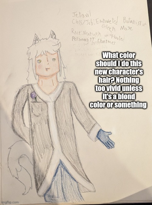I don't feel like doing red or orange, not white either busters | What color should I do this new character's hair? Nothing too vivid unless it's a blond color or something | image tagged in characters | made w/ Imgflip meme maker