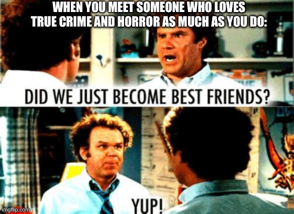 did we just become best friends | WHEN YOU MEET SOMEONE WHO LOVES TRUE CRIME AND HORROR AS MUCH AS YOU DO: | image tagged in did we just become best friends,true crime,serial killers,horror | made w/ Imgflip meme maker