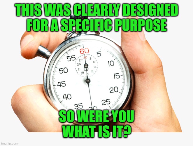 Stop watch | THIS WAS CLEARLY DESIGNED
FOR A SPECIFIC PURPOSE; SO WERE YOU
WHAT IS IT? | image tagged in stop watch | made w/ Imgflip meme maker