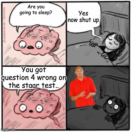 Brain Before Sleep | Yes now shut up; Are you going to sleep? You got question 4 wrong on the staar test.. | image tagged in brain before sleep,test,sleep,teacher | made w/ Imgflip meme maker