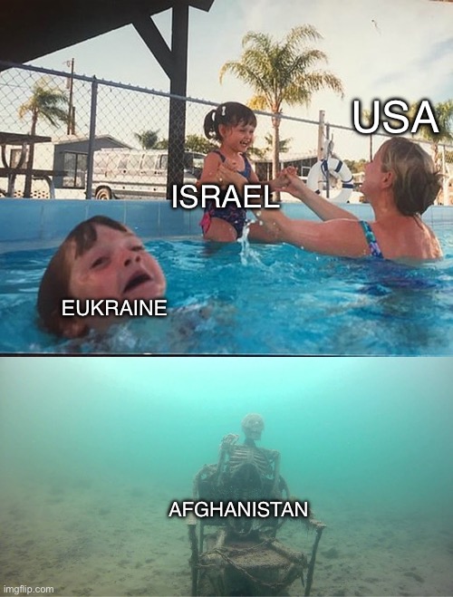 Wars | USA; ISRAEL; EUKRAINE; AFGHANISTAN | image tagged in mother ignoring kid drowning in a pool | made w/ Imgflip meme maker