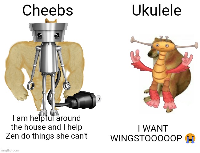 Chad Cheebs vs. Virgin Ukulele | Cheebs; Ukulele; I am helpful around the house and I help Zen do things she can't; I WANT WINGSTOOOOOP 😭 | image tagged in memes,buff doge vs cheems | made w/ Imgflip meme maker