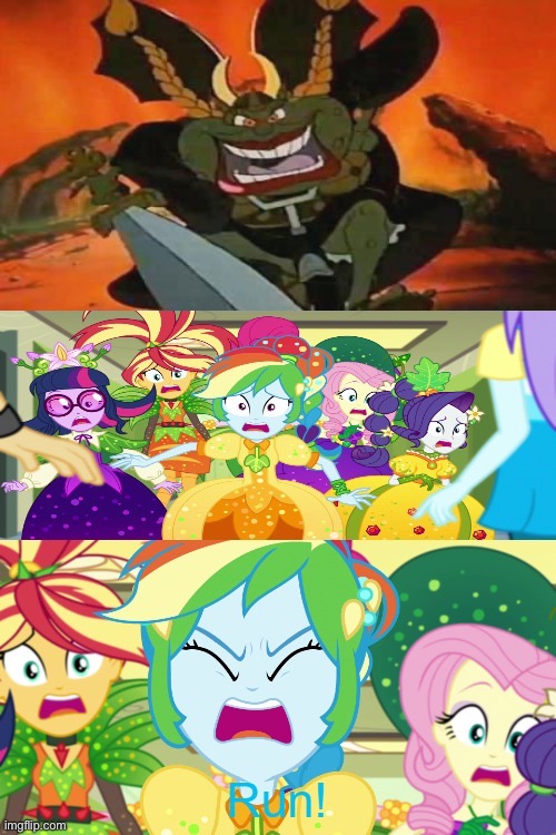 Gnorga is chasing Equestria Girls | image tagged in equestria girls,my little pony,deviantart,twilight sparkle,rainbow dash,fluttershy | made w/ Imgflip meme maker