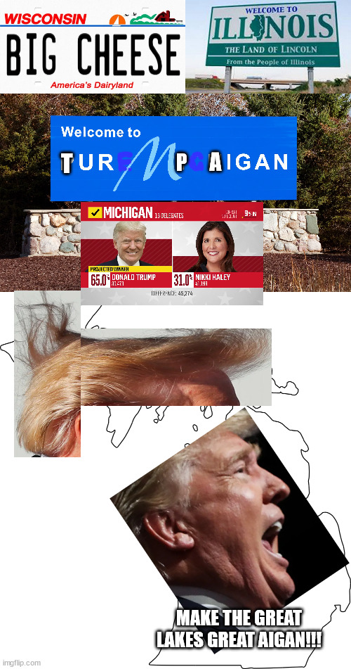 Good effort Michigan. You guys really need to learn how to spell though. Love, the Midwest. | A; T; P; MAKE THE GREAT LAKES GREAT AIGAN!!! | image tagged in trump,maga,michigan,illinois | made w/ Imgflip meme maker