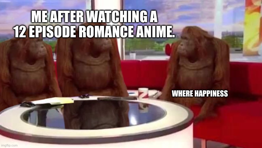 I feel so lonely | ME AFTER WATCHING A 12 EPISODE ROMANCE ANIME. WHERE HAPPINESS | image tagged in where monkey | made w/ Imgflip meme maker