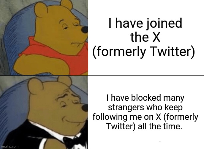 Tuxedo Winnie The Pooh | I have joined the X (formerly Twitter); I have blocked many strangers who keep following me on X (formerly Twitter) all the time. | image tagged in memes,tuxedo winnie the pooh | made w/ Imgflip meme maker