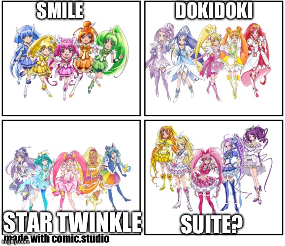 Five cure teams be like (made by me) (11K/12K points special!!) | SMILE; DOKIDOKI; STAR TWINKLE; SUITE? made with comic.studio | image tagged in precure,smile precure,doki doki precure,star twinkle precure,suite precure | made w/ Imgflip meme maker