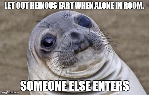 Awkward Moment Sealion | LET OUT HEINOUS FART WHEN ALONE IN ROOM. SOMEONE ELSE ENTERS | image tagged in awkward sealion,AdviceAnimals | made w/ Imgflip meme maker