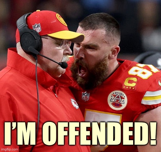 Travis Kelce screaming | I’M OFFENDED! | image tagged in travis kelce screaming | made w/ Imgflip meme maker