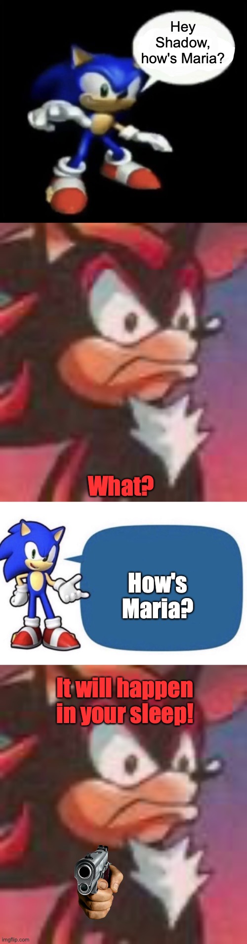 Hey Shadow, how's Maria? What? How's Maria? It will happen in your sleep! | image tagged in sonic says blank,shadow the hedgehog,sonic says | made w/ Imgflip meme maker