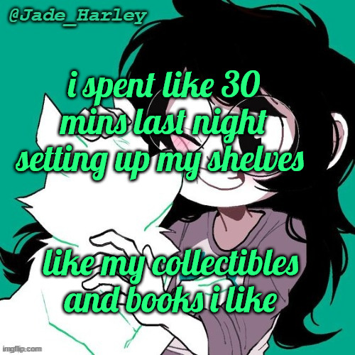 i mostly collect books like fnaf books (and ive been trying to find more judie b jones books) | i spent like 30 mins last night setting up my shelves; like my collectibles and books i like | image tagged in jade temp thx ms lalonde | made w/ Imgflip meme maker