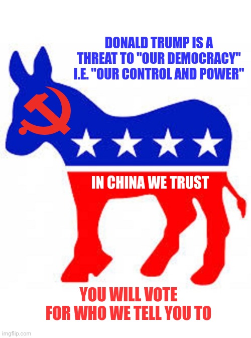 Democrat donkey | DONALD TRUMP IS A THREAT TO "OUR DEMOCRACY" I.E. "OUR CONTROL AND POWER"; IN CHINA WE TRUST; YOU WILL VOTE FOR WHO WE TELL YOU TO | image tagged in democrat donkey | made w/ Imgflip meme maker
