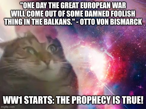 the prophecy is true cat | "ONE DAY THE GREAT EUROPEAN WAR WILL COME OUT OF SOME DAMNED FOOLISH THING IN THE BALKANS." - OTTO VON BISMARCK; WW1 STARTS: THE PROPHECY IS TRUE! | image tagged in the prophecy is true cat | made w/ Imgflip meme maker