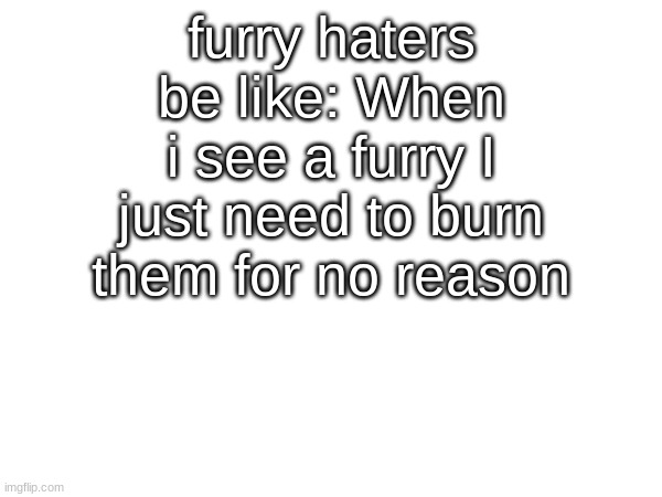 bruh it's like they don't even have a reason anymore. they're just like: KILL FURRY | furry haters be like: When i see a furry I just need to burn them for no reason | image tagged in furry,anti furry | made w/ Imgflip meme maker