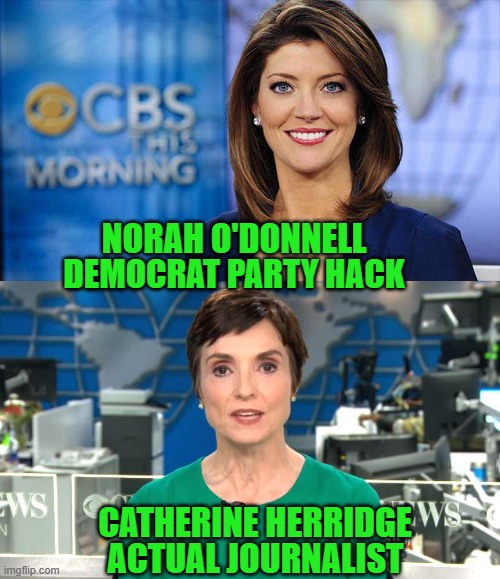 Hang tough Catherine | NORAH O'DONNELL; DEMOCRAT PARTY HACK; CATHERINE HERRIDGE; ACTUAL JOURNALIST | image tagged in democrats | made w/ Imgflip meme maker