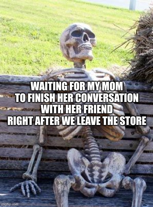 Skeleton | WAITING FOR MY MOM TO FINISH HER CONVERSATION WITH HER FRIEND RIGHT AFTER WE LEAVE THE STORE | image tagged in memes,waiting skeleton | made w/ Imgflip meme maker