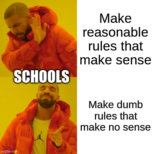 Rules | Make reasonable rules that make sense; SCHOOLS; Make dumb rules that make no sense | image tagged in memes,drake hotline bling,school | made w/ Imgflip meme maker