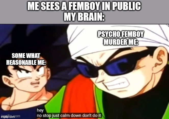 real | ME SEES A FEMBOY IN PUBLIC
MY BRAIN:; PSYCHO FEMBOY MURDER ME:; SOME WHAT REASONABLE ME: | made w/ Imgflip meme maker