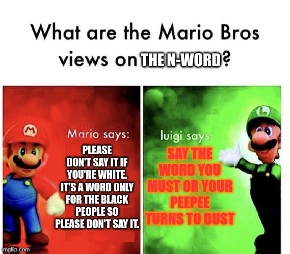 LUIGI NOT ON THE AIR!! | THE N-WORD; PLEASE DON'T SAY IT IF YOU'RE WHITE. IT'S A WORD ONLY FOR THE BLACK PEOPLE SO PLEASE DON'T SAY IT. SAY THE WORD YOU MUST OR YOUR PEEPEE TURNS TO DUST | image tagged in mario bros views | made w/ Imgflip meme maker
