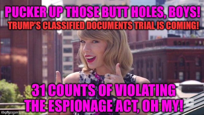 Taylor Swift Trump espionage trial | PUCKER UP THOSE BUTT HOLES, BOYS! TRUMP'S CLASSIFIED DOCUMENTS TRIAL IS COMING! 31 COUNTS OF VIOLATING THE ESPIONAGE ACT, OH MY! | image tagged in taylor swift thumbs up | made w/ Imgflip meme maker