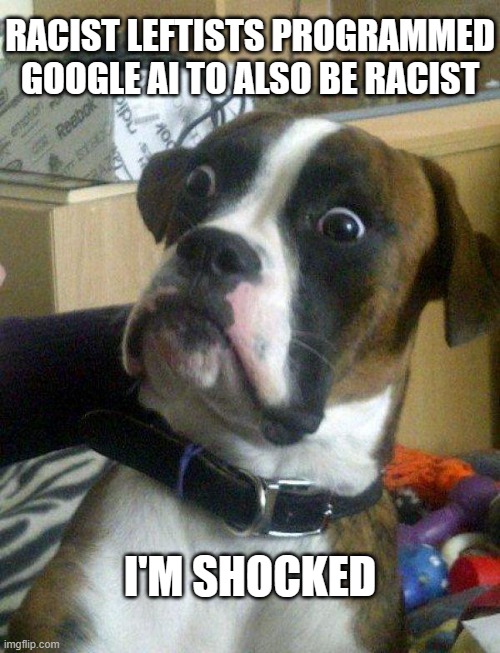 Blankie the Shocked Dog | RACIST LEFTISTS PROGRAMMED GOOGLE AI TO ALSO BE RACIST; I'M SHOCKED | image tagged in blankie the shocked dog | made w/ Imgflip meme maker