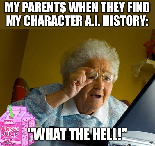 real story | MY PARENTS WHEN THEY FIND MY CHARACTER A.I. HISTORY:; "WHAT THE HELL!" | image tagged in memes,grandma finds the internet,character ai | made w/ Imgflip meme maker