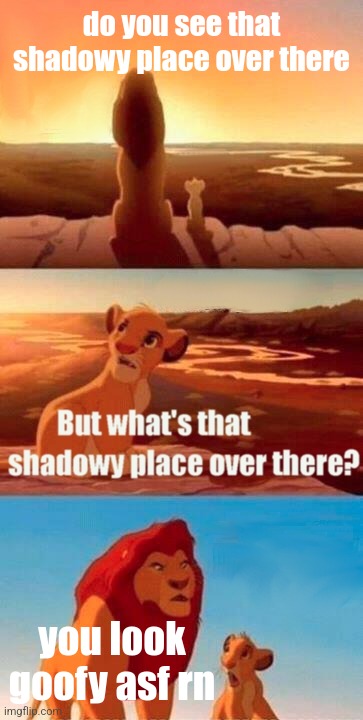 Simba Shadowy Place Meme | do you see that shadowy place over there; you look goofy asf rn | image tagged in memes,simba shadowy place | made w/ Imgflip meme maker