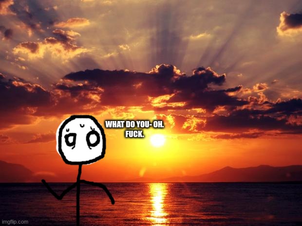 Sunset | WHAT DO YOU- OH.

FUCK. | image tagged in sunset | made w/ Imgflip meme maker