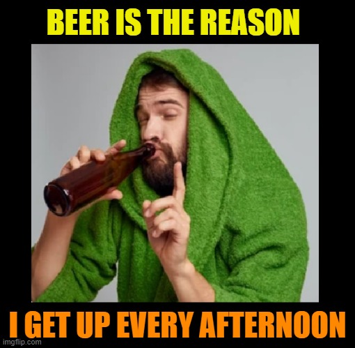 BEER IS THE REASON; I GET UP EVERY AFTERNOON | image tagged in beer,cold beer here,craft beer,mornings,the most interesting man in the world,hold my beer | made w/ Imgflip meme maker