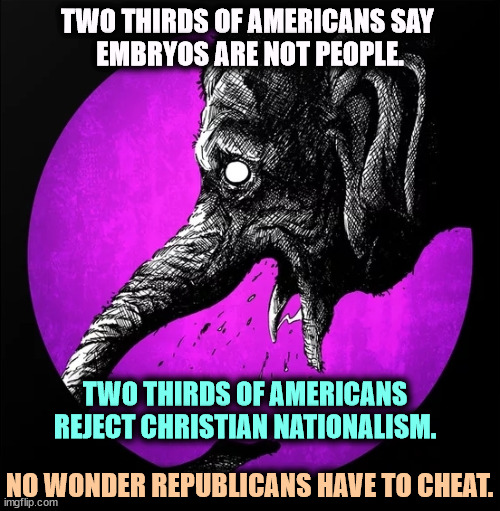 Republicans don't believe in majority rights. Since they will never be in the majority, we have a problem. | TWO THIRDS OF AMERICANS SAY 
EMBRYOS ARE NOT PEOPLE. TWO THIRDS OF AMERICANS REJECT CHRISTIAN NATIONALISM. NO WONDER REPUBLICANS HAVE TO CHEAT. | image tagged in crazy republican elephant in silhouette,fetus,christianity,republicans,minority,cheat | made w/ Imgflip meme maker