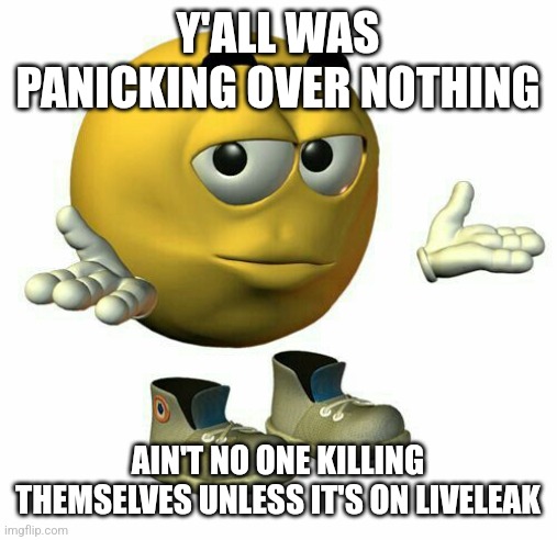 Cant say I was worried | Y'ALL WAS PANICKING OVER NOTHING; AIN'T NO ONE KILLING THEMSELVES UNLESS IT'S ON LIVELEAK | image tagged in emoji guy shrug | made w/ Imgflip meme maker