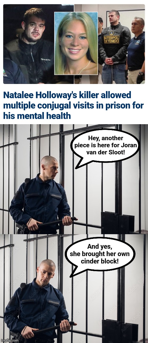 Our criminal justice system at work: zero respect for the women doing this! | Hey, another
piece is here for Joran
van der Sloot! And yes,
she brought her own
cinder block! | image tagged in memes,joran van der sloot,natalee holloway,conjugal visits,mental health | made w/ Imgflip meme maker