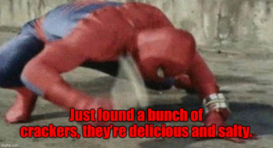 Spider man hammer | IT’S THE ONLY FOOD I HAVE FOUND RN, BEING HOME ALONE SUCKS; Just found a bunch of crackers, they’re delicious and salty. | image tagged in spider man hammer | made w/ Imgflip meme maker