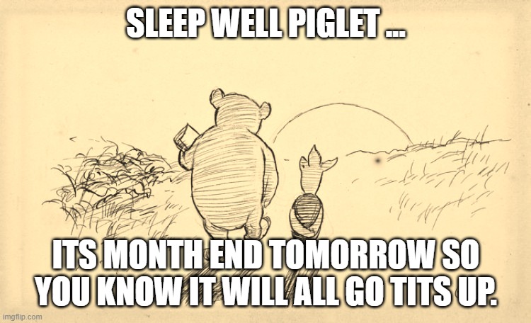 Month End | SLEEP WELL PIGLET ... ITS MONTH END TOMORROW SO YOU KNOW IT WILL ALL GO TITS UP. | image tagged in pooh and piglet | made w/ Imgflip meme maker