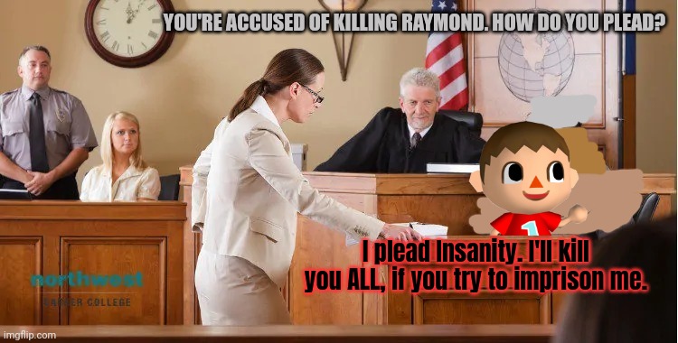 Animal Crossing Raymond: part4 | YOU'RE ACCUSED OF KILLING RAYMOND. HOW DO YOU PLEAD? I plead Insanity. I'll kill you ALL, if you try to imprison me. | image tagged in court room,animal crossing,raymond,youre going to,jail | made w/ Imgflip meme maker