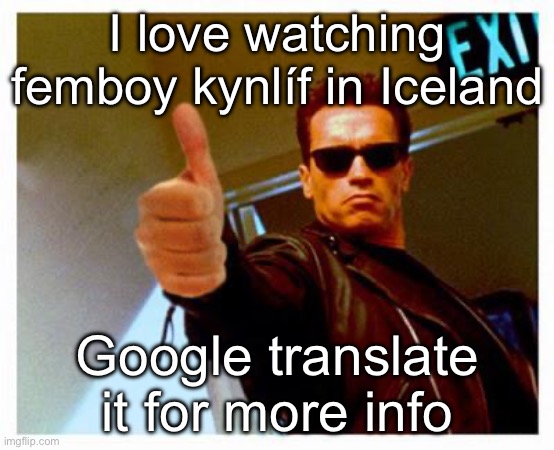 terminator thumbs up | I love watching femboy kynlíf in Iceland; Google translate it for more info | image tagged in terminator thumbs up | made w/ Imgflip meme maker