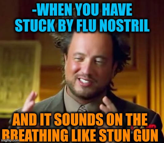 -Anybody is okay. | -WHEN YOU HAVE STUCK BY FLU NOSTRIL; AND IT SOUNDS ON THE BREATHING LIKE STUN GUN | image tagged in memes,ancient aliens,stunned,nose,flu,i breathe air for you | made w/ Imgflip meme maker