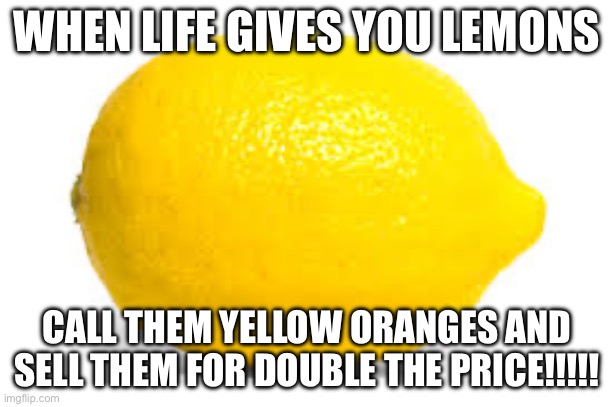 When life gives you lemons, X | WHEN LIFE GIVES YOU LEMONS; CALL THEM YELLOW ORANGES AND SELL THEM FOR DOUBLE THE PRICE!!!!! | image tagged in when life gives you lemons x | made w/ Imgflip meme maker