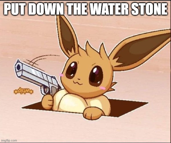 you will be a sexy- never mind | PUT DOWN THE WATER STONE | image tagged in eevee whips out a gun | made w/ Imgflip meme maker
