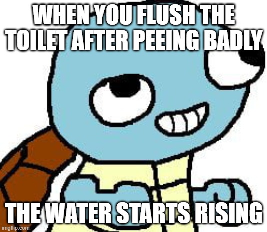 squirtle meme | WHEN YOU FLUSH THE TOILET AFTER PEEING BADLY THE WATER STARTS RISING | image tagged in squirtle meme | made w/ Imgflip meme maker