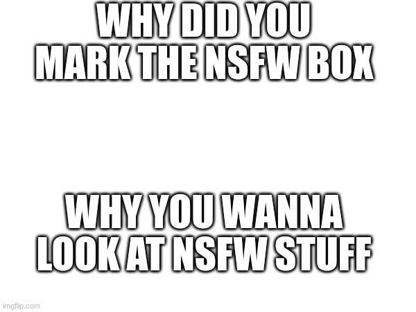 NSFW meme | WHY DID YOU MARK THE NSFW BOX; WHY YOU WANNA LOOK AT NSFW STUFF | image tagged in nsfw | made w/ Imgflip meme maker