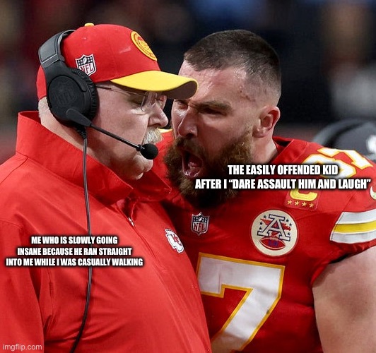 They must blame everyone but themselves | THE EASILY OFFENDED KID AFTER I “DARE ASSAULT HIM AND LAUGH”; ME WHO IS SLOWLY GOING INSANE BECAUSE HE RAN STRAIGHT INTO ME WHILE I WAS CASUALLY WALKING | image tagged in travis kelce screaming,funny,memes,why,dumb people,you have been eternally cursed for reading the tags | made w/ Imgflip meme maker