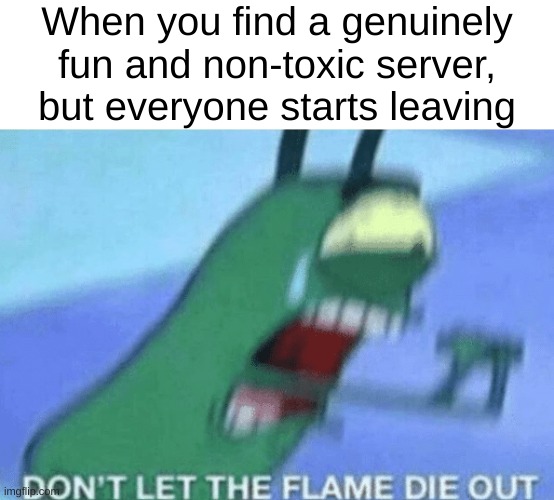 The best servers don't even last an hour | When you find a genuinely fun and non-toxic server, but everyone starts leaving | image tagged in don t let the flame die out,funny,memes,fun | made w/ Imgflip meme maker