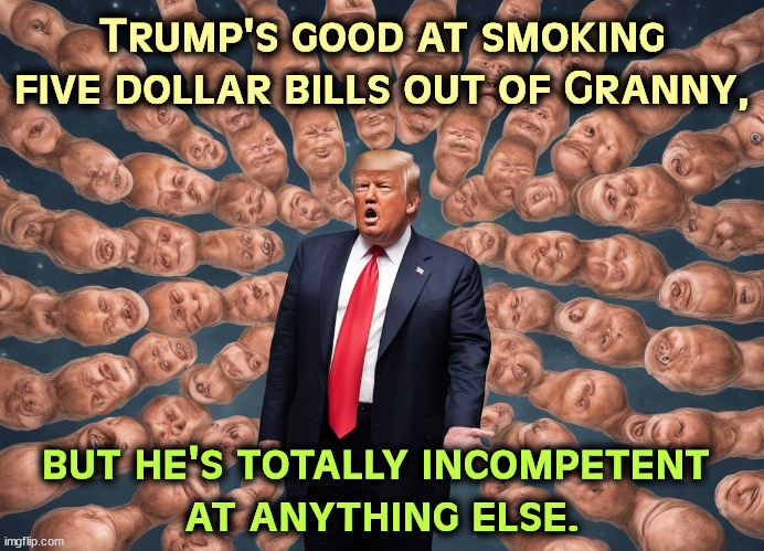 Trump's good at smoking five dollar bills out of Granny, but he's totally incompetent 
at anything else. | image tagged in trump,money,grandma,incompetence | made w/ Imgflip meme maker