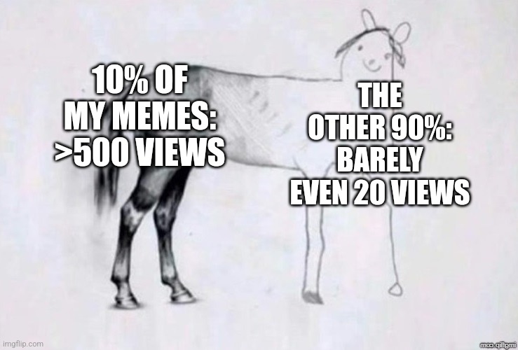 This has got to be true | 10% OF MY MEMES: >500 VIEWS; THE OTHER 90%:
BARELY EVEN 20 VIEWS | image tagged in horse drawing,memes,true,views | made w/ Imgflip meme maker